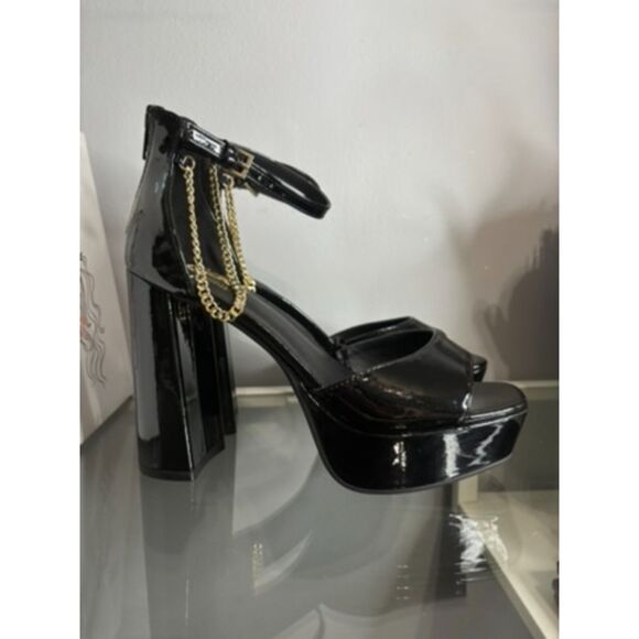 Black Patent Platform Heels with Gold Chain Detail - Picture 1 of 8